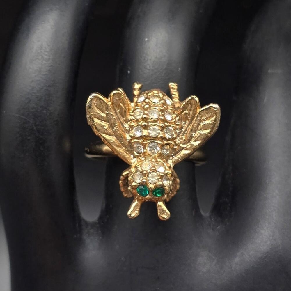 Gold Tone Rhinestone Bumble Bee Ring Size 5.5 Vintage Costume Jewelry